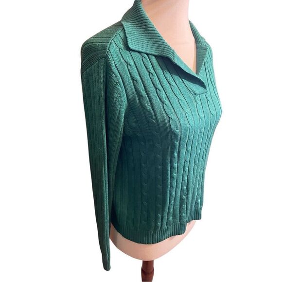 White Stag Green V-Neck Cable Knit Collared Long Sleeve Sweater Size Small - Picture 3 of 7
